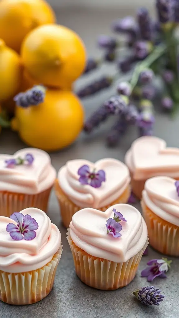 Heart shaped lemon zest cupcakes with lavender icing and flowers on top, with lemons and lavender in the background.