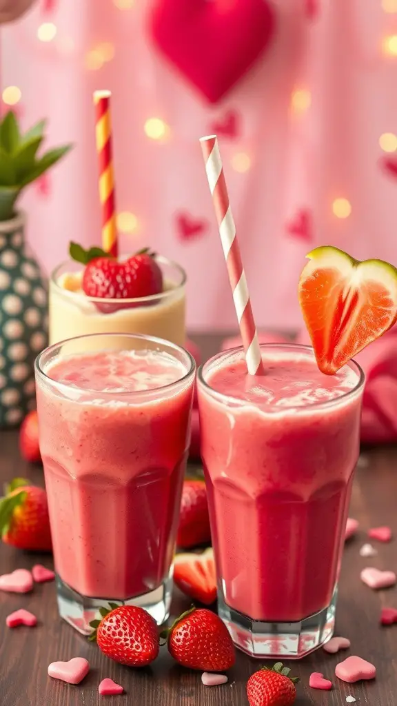 Two pink smoothies with heart-shaped strawberries and colorful straws, surrounded by fresh strawberries and heart-shaped candies.