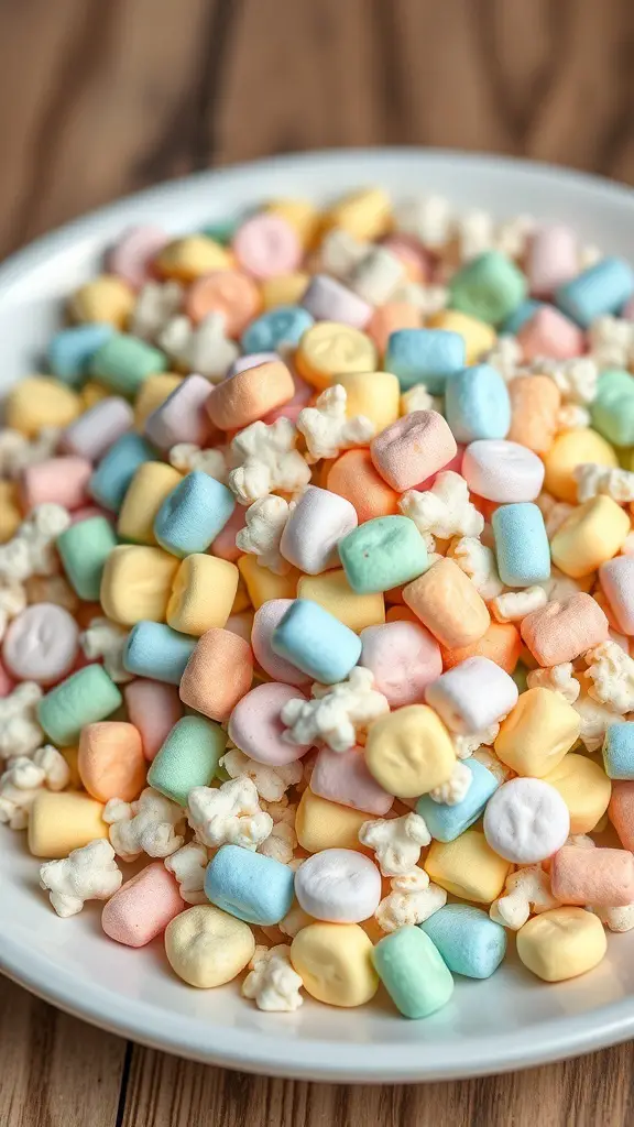 A plate filled with colorful marshmallows and popcorn, representing Lucky Charms Marshmallow Treats.