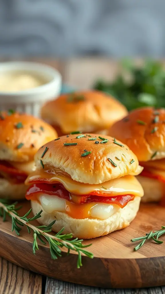 Honey glazed ham sliders on a wooden platter with herbs