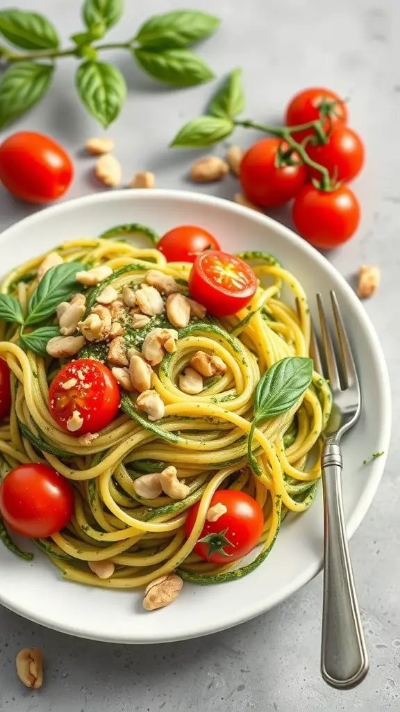 A plate of zucchini noodles with pesto, topped with cherry tomatoes and nuts.
