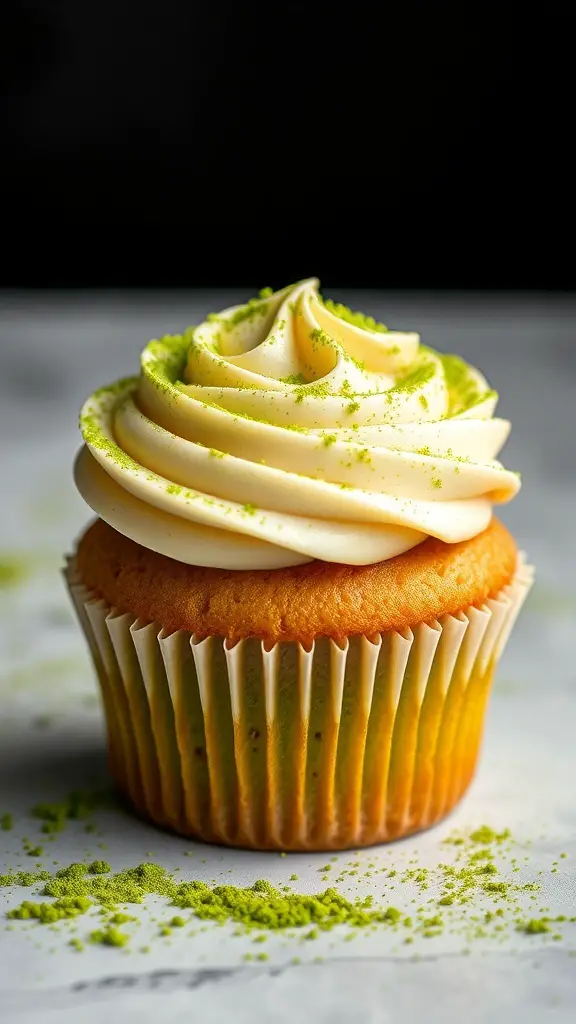 A delicious matcha green tea cupcake with creamy frosting and a sprinkle of matcha powder on top.