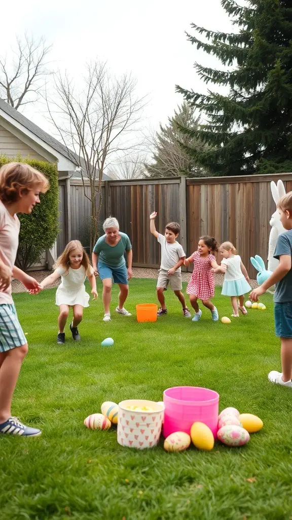 Children and adults playing Easter-themed games in a backyard