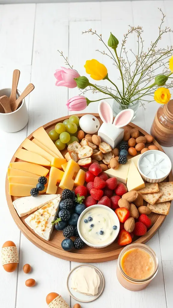 A beautifully arranged Fruit and Cheese Easter Board with various cheeses, fruits, and decorative elements.