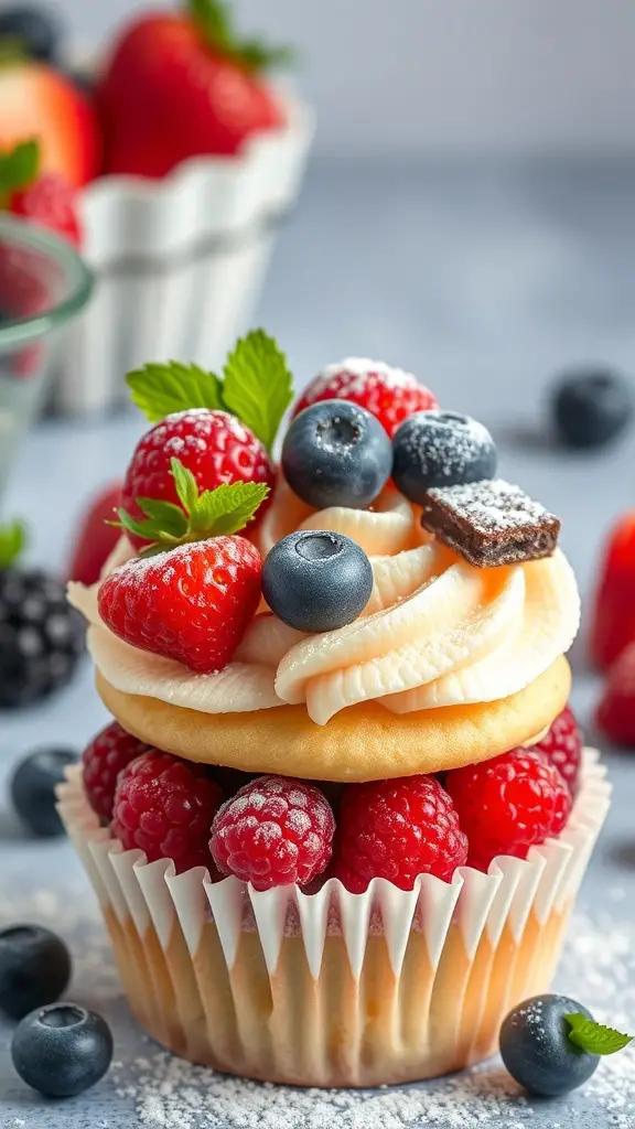 Vanilla bean cupcakes topped with fresh strawberries, blueberries, and raspberries.