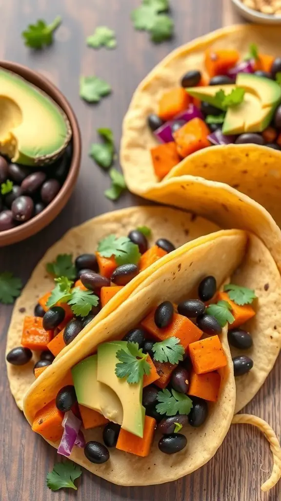 Sweet potato and black bean tacos with avocado and cilantro