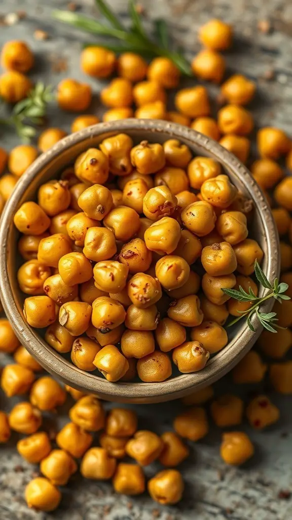 A bowl filled with crispy, golden chickpeas surrounded by fresh herbs.
