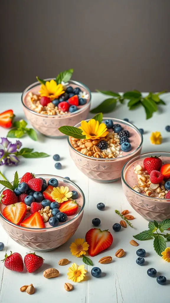 Four colorful smoothie bowls topped with fruits, nuts, and flowers, perfect for a Galentine's brunch.