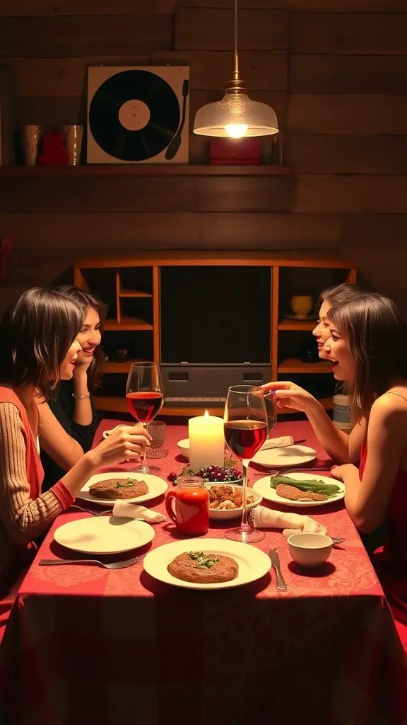A cozy dinner party scene with four friends enjoying a meal and drinks, surrounded by warm lighting and a vintage record player.