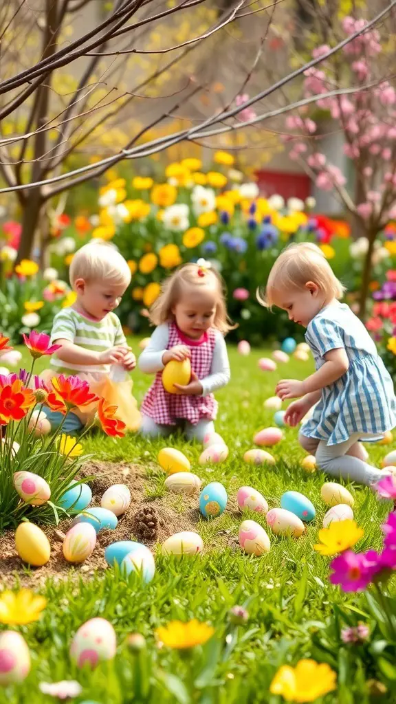 Children enjoying an Easter egg hunt in a colorful garden