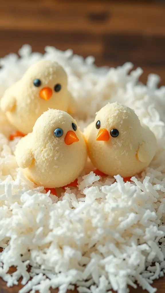 Three coconut macaroon chicks on shredded coconut