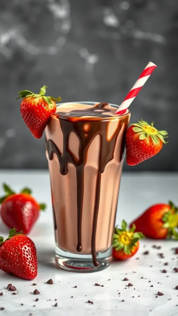 A chocolate-covered strawberry smoothie in a glass with fresh strawberries around it.