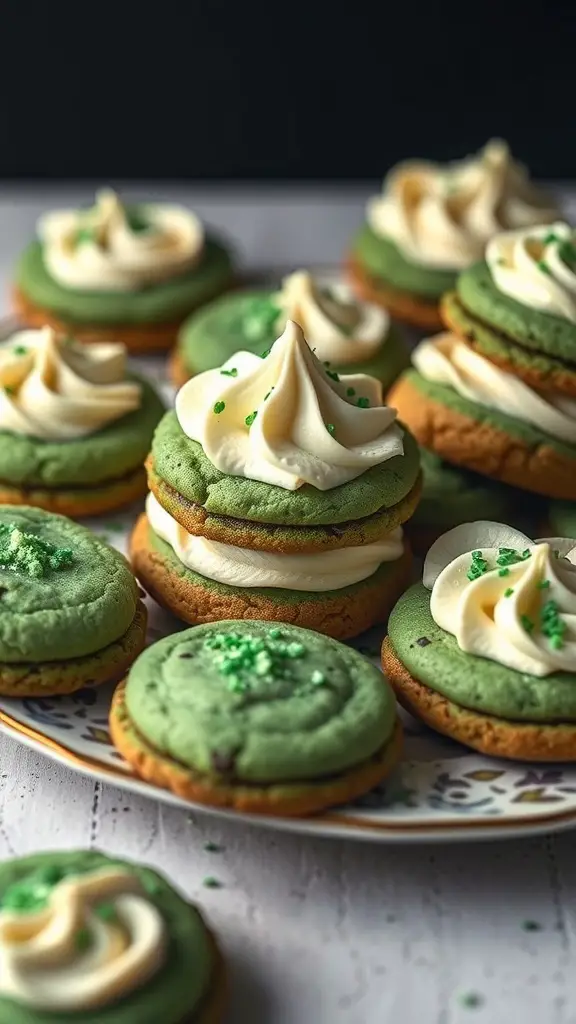 A plate of green velvet cookies with creamy frosting and sprinkles, perfect for St. Patrick's Day.