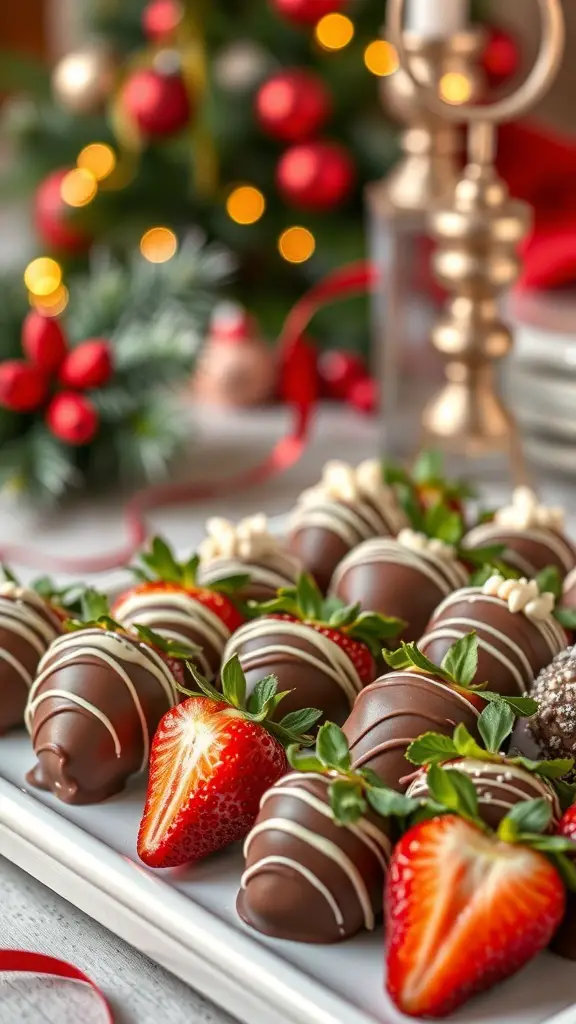 A platter of chocolate-covered strawberries decorated for a festive occasion.