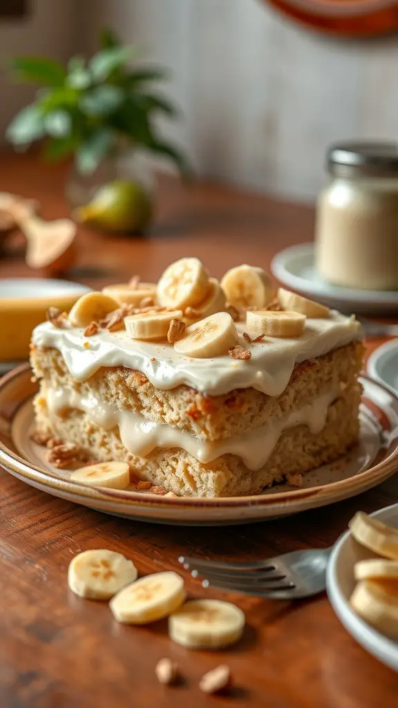 A slice of Banana Pudding Poke Cake topped with banana slices and creamy frosting on a plate.