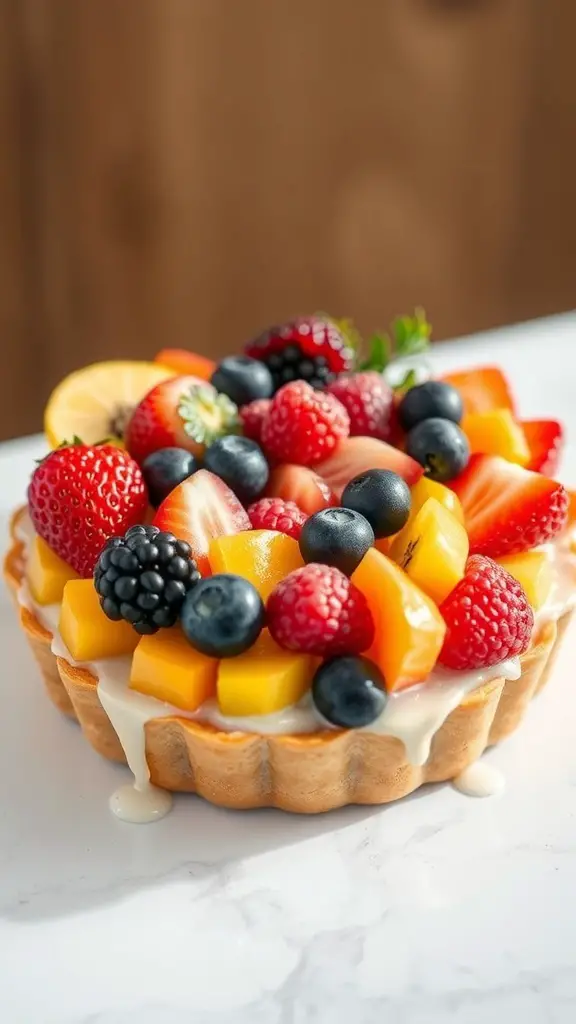 A colorful fruit tart cake topped with various fresh fruits like strawberries, blueberries, and mangoes.