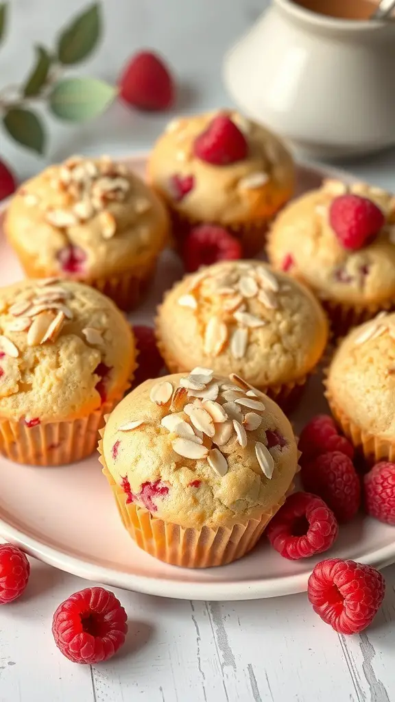 A plate of raspberry almond muffins topped with slivered almonds and fresh raspberries.