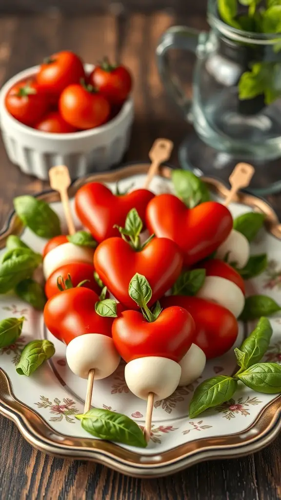 Heart-shaped Caprese salad skewers with cherry tomatoes, mozzarella, and basil on a decorative plate