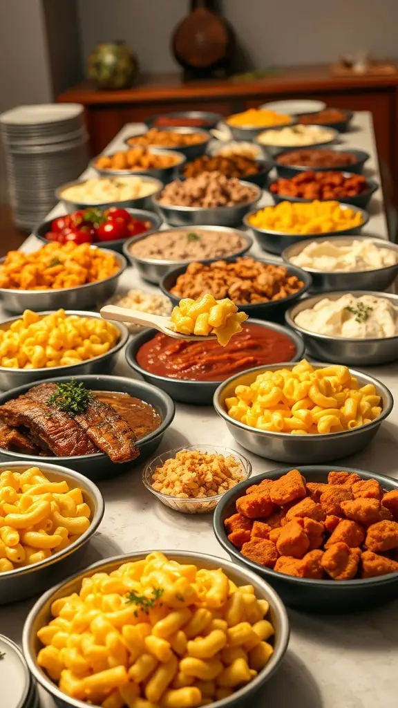 A buffet table filled with various comfort foods including mac and cheese, chicken nuggets, and sides.