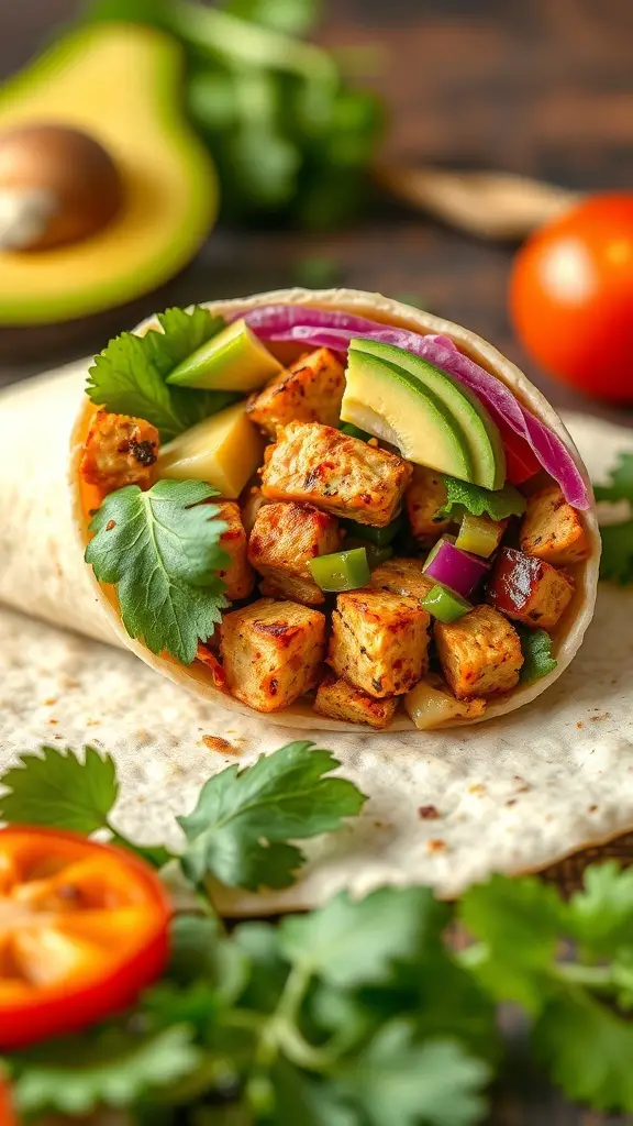 A delicious vegan breakfast burrito filled with tempeh, avocado, and fresh vegetables.