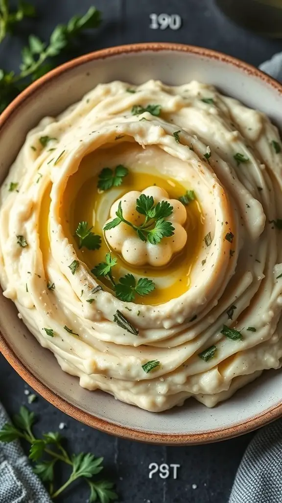 A bowl of herbed cauliflower mash topped with olive oil and fresh herbs.