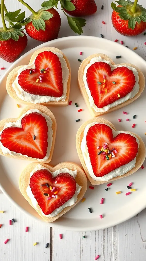 Heart-shaped strawberry sandwiches with whipped cream and colorful sprinkles on a plate