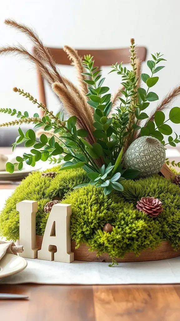 A beautiful Easter table centerpiece featuring moss, greenery, and decorative elements.