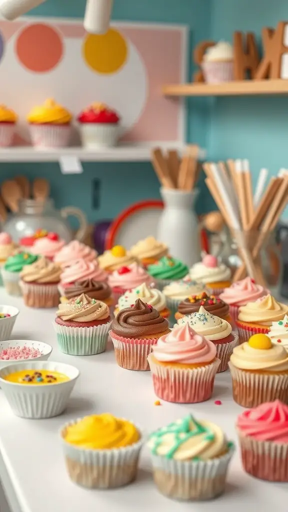 A colorful cupcake decorating station with various cupcakes and toppings.