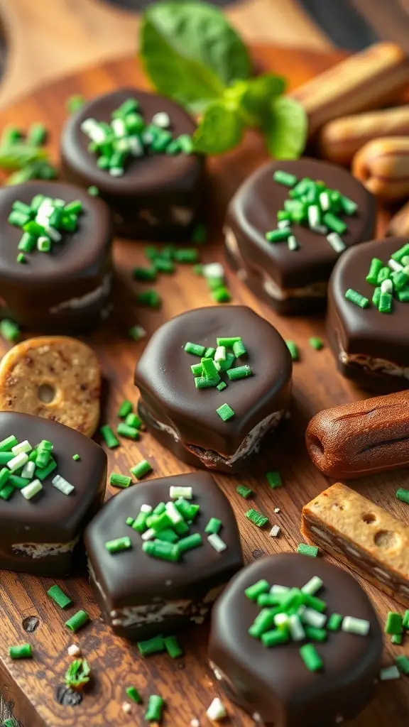 A close-up of chocolate mint treats topped with green sprinkles on a wooden board.