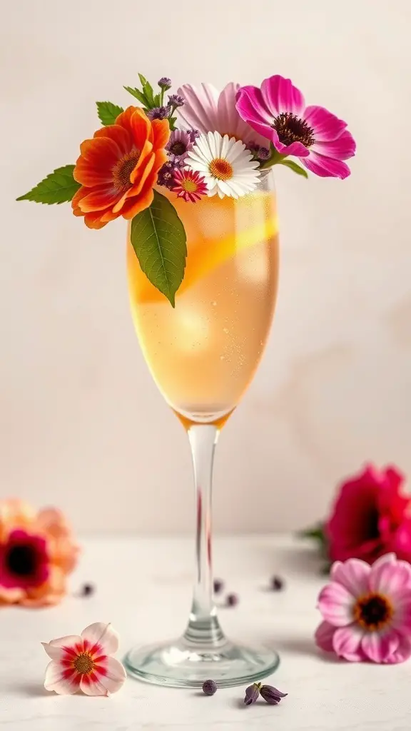 A Peach Bellini cocktail topped with colorful edible flowers in a glass.