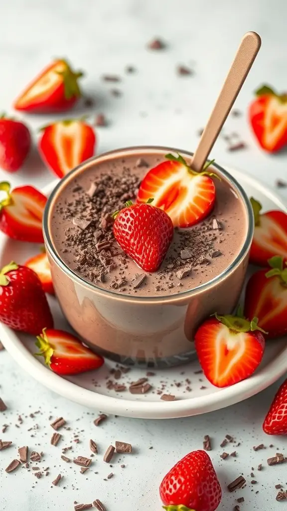 A delicious chocolate strawberry smoothie bowl topped with fresh strawberries and chocolate shavings, surrounded by whole strawberries.