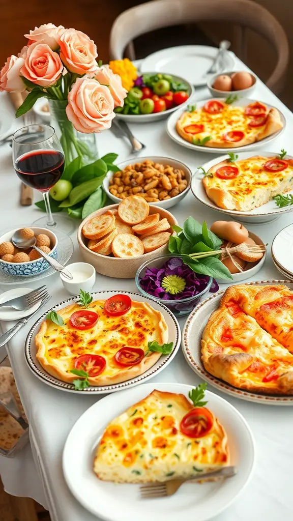 A beautifully arranged brunch buffet with quiches, salads, snacks, and flowers.