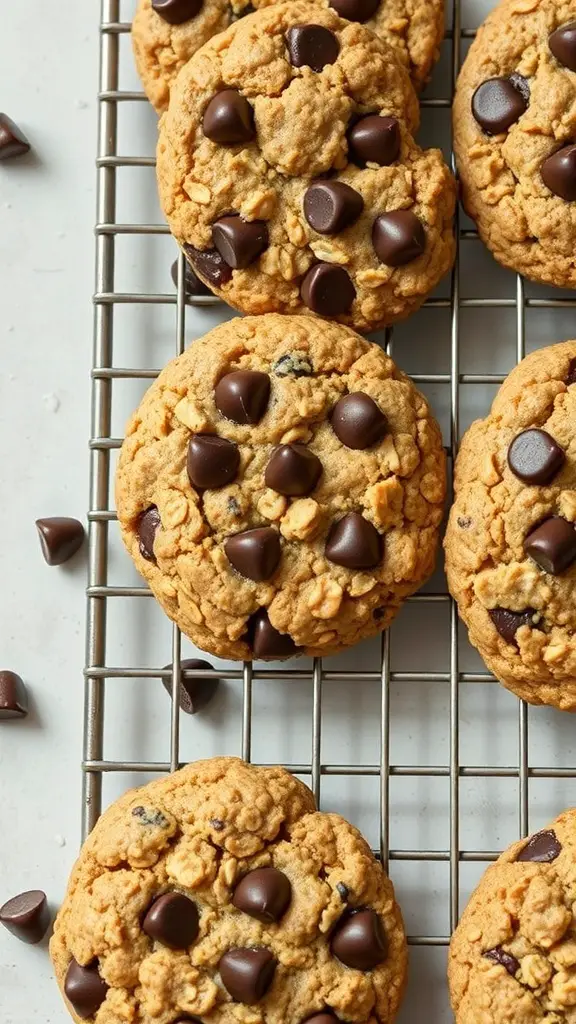 Freshly baked chocolate chip oatmeal cookies on a cooling rack