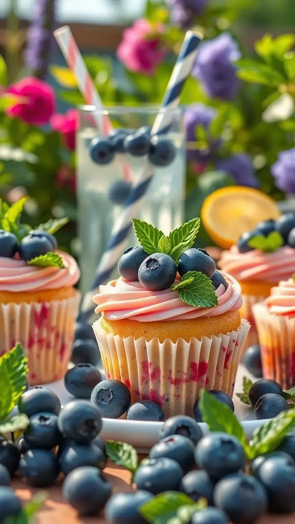 Blueberry lemonade cupcakes with fresh blueberries and mint leaves, surrounded by blueberries and a glass of lemonade.