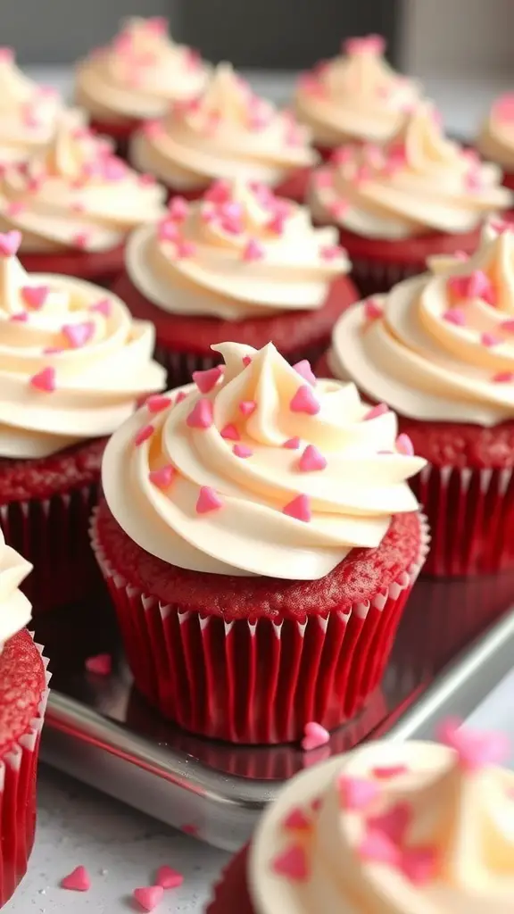 Red velvet cupcakes with cream cheese frosting and heart-shaped sprinkles