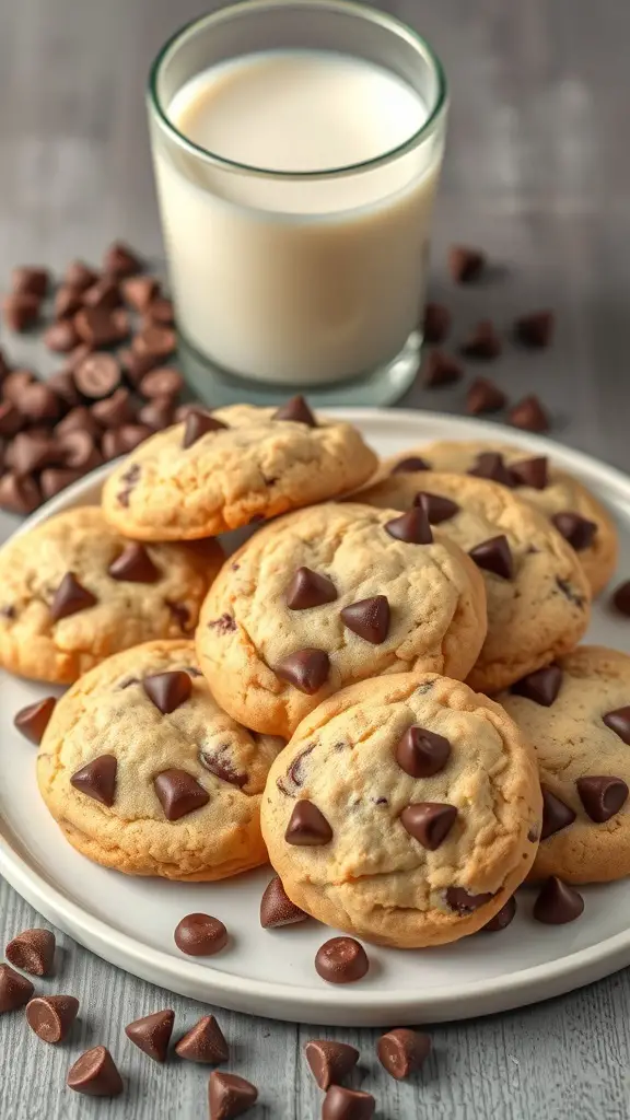 A plate of chocolate chip yellow cake cookies with a glass of milk