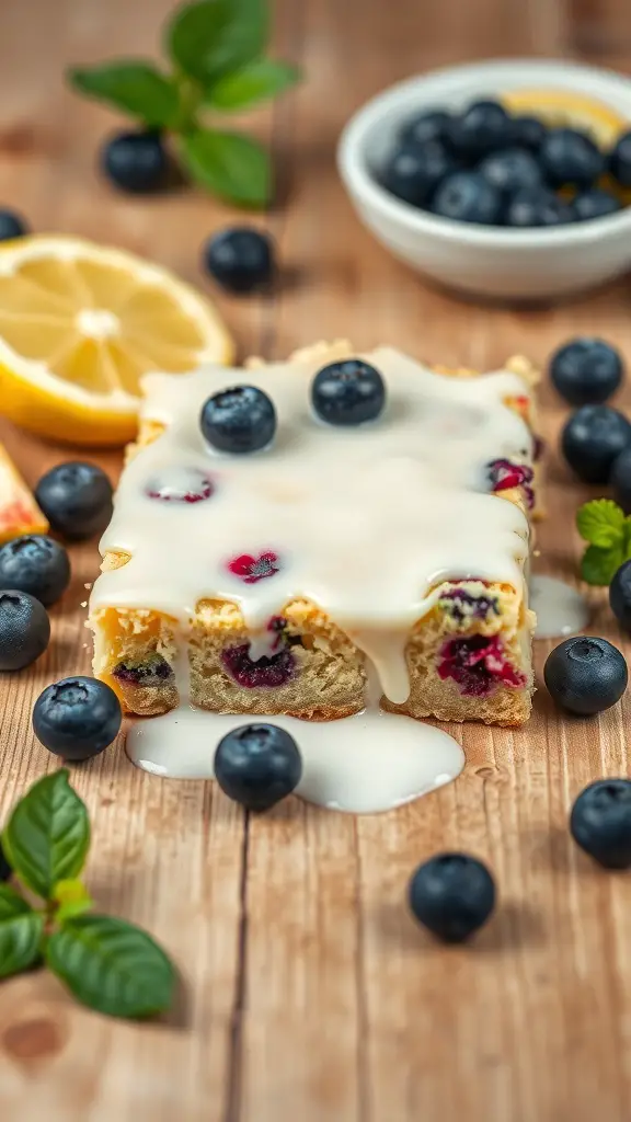 Lemon Blueberry Cake Bars with creamy glaze and fresh blueberries