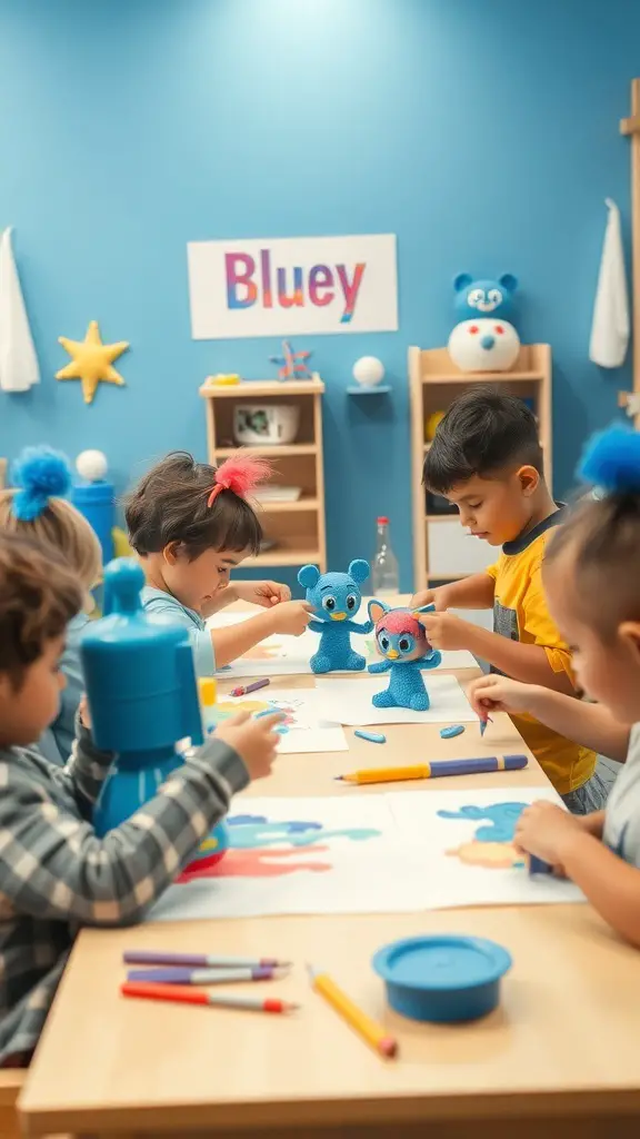 Kids enjoying a Bluey craft station with colorful supplies and decorations.