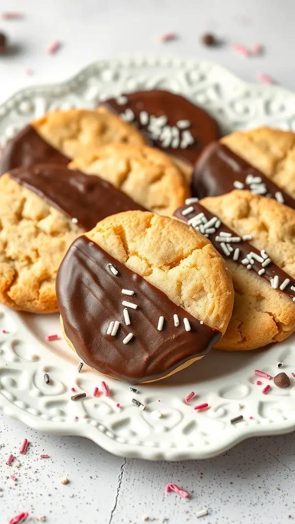 A plate of chocolate-dipped sugar cookies decorated with sprinkles.