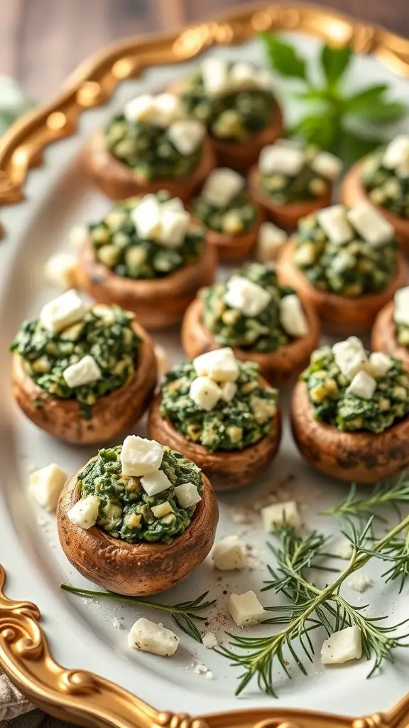 A platter of Spinach and Feta Stuffed Mushrooms topped with feta cheese.