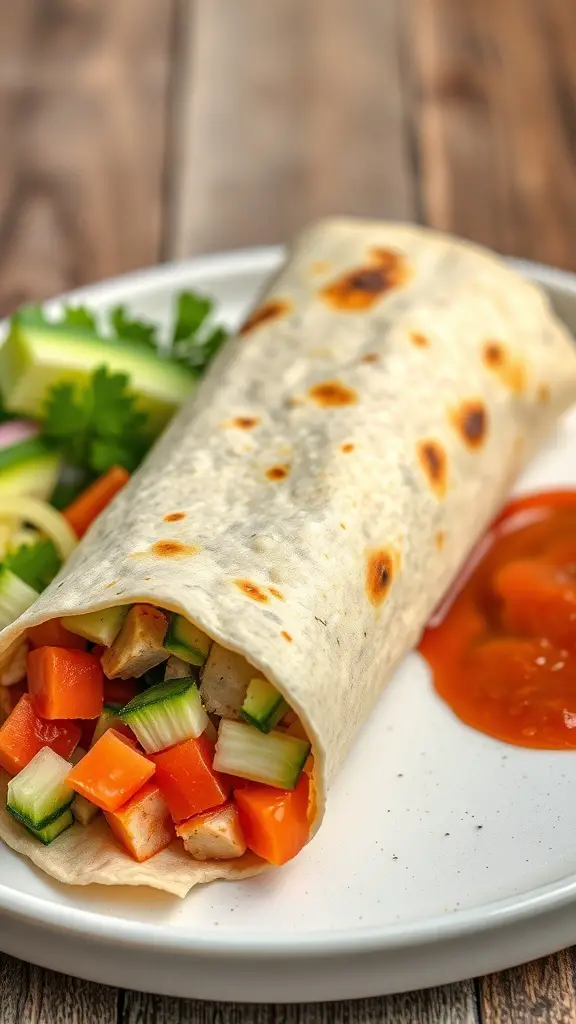 A vegetable breakfast burrito filled with colorful chopped vegetables on a plate with salsa.