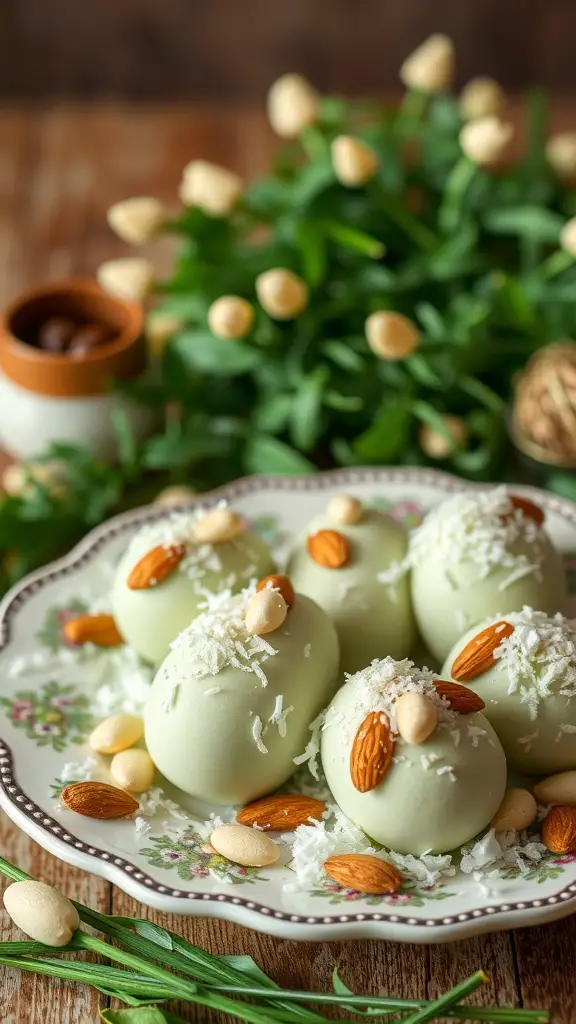 A plate of Almond Joy Easter Egg Treats topped with almonds and coconut