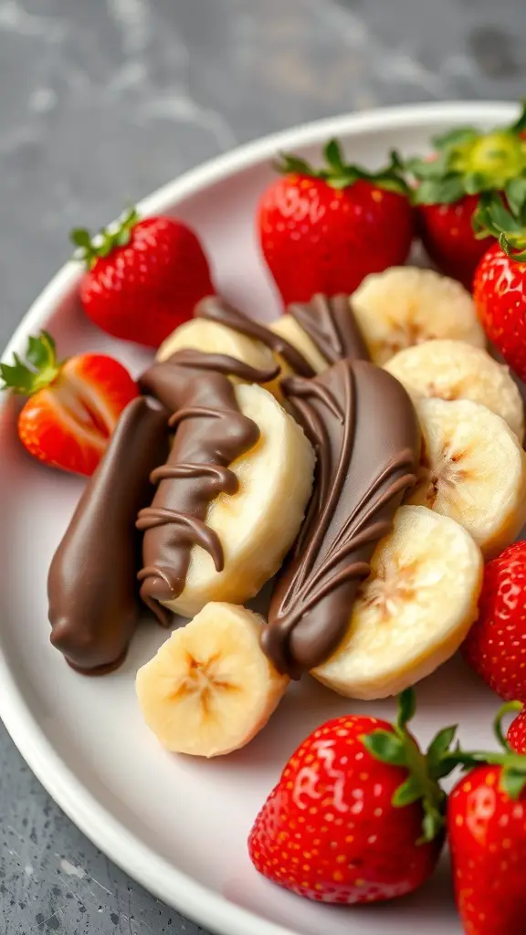 Chocolate-dipped banana bites with strawberries on a plate