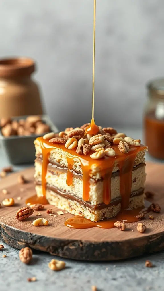 A slice of Nutty Caramel Crunch bento cake with caramel drizzle and nuts on top.