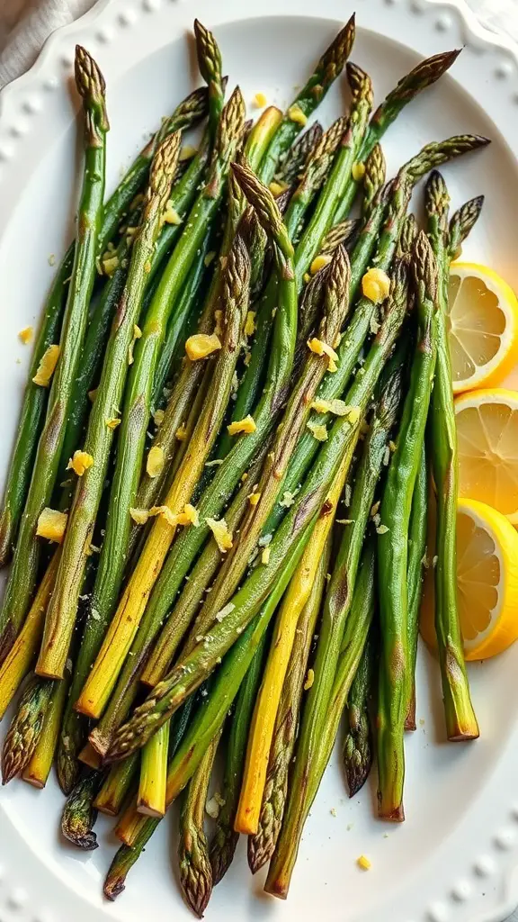 A plate of grilled asparagus garnished with lemon zest and lemon slices.