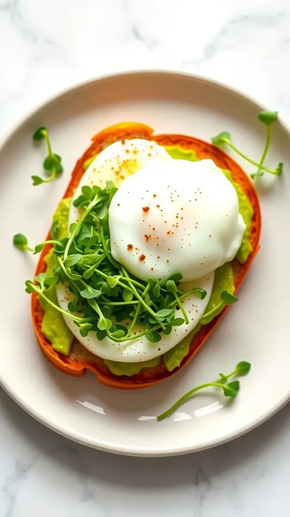 Avocado toast topped with poached eggs and microgreens on a plate.