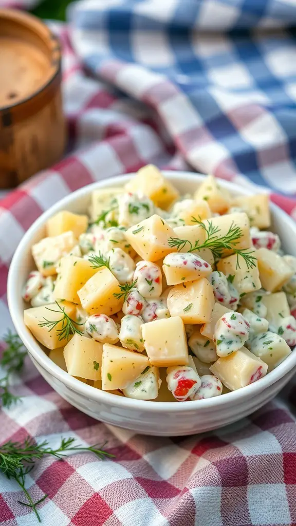A bowl of vegan potato salad with dill, featuring diced potatoes and colorful veggies on a checkered tablecloth.