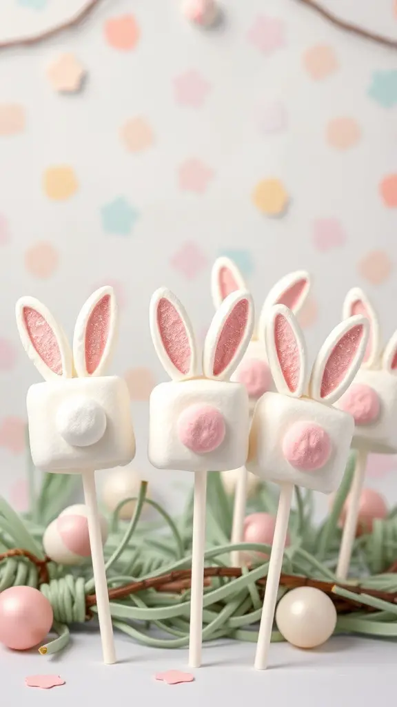 Bunny Tail Marshmallow Pops decorated with pink and white candy, resembling bunny tails.