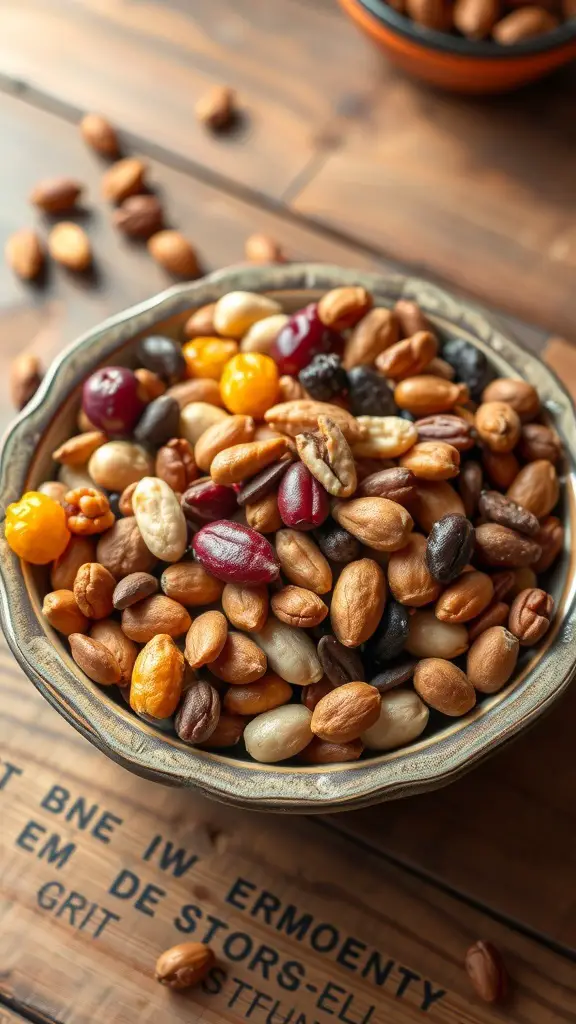 A bowl filled with a colorful mix of nuts and dried fruits on a wooden table.