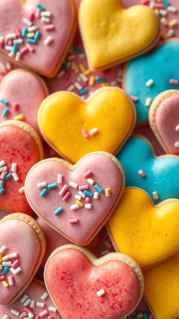 Colorful heart-shaped cookies with sprinkles on top
